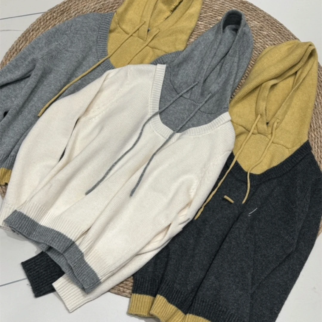 雪姐服饰「假两件帽衫」秋冬新款百搭针织连帽毛衣时尚撞色羊毛衫