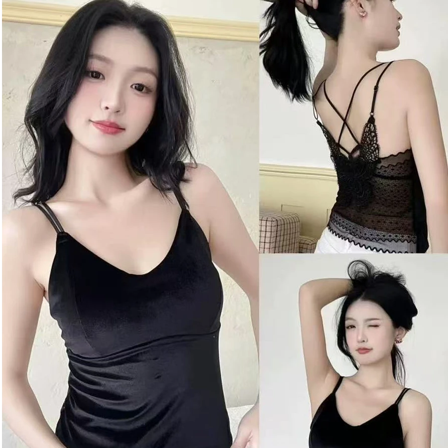 大码吊带背心女蕾丝带胸垫一体固定杯聚拢春秋季内搭打底美背内衣