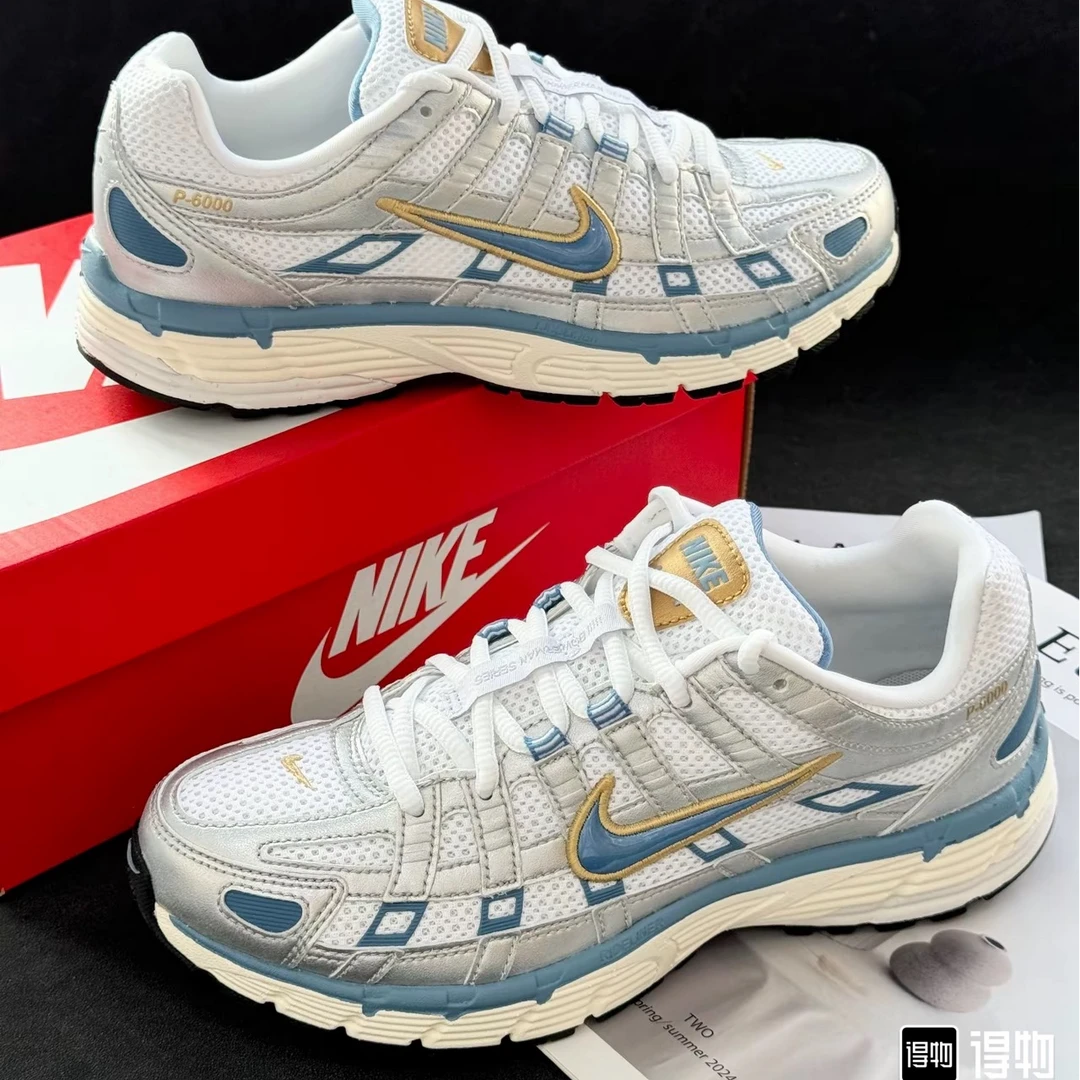 NIKE耐克运动鞋男P-6000银白蓝复古跑鞋厚底百搭老爹鞋官方正品