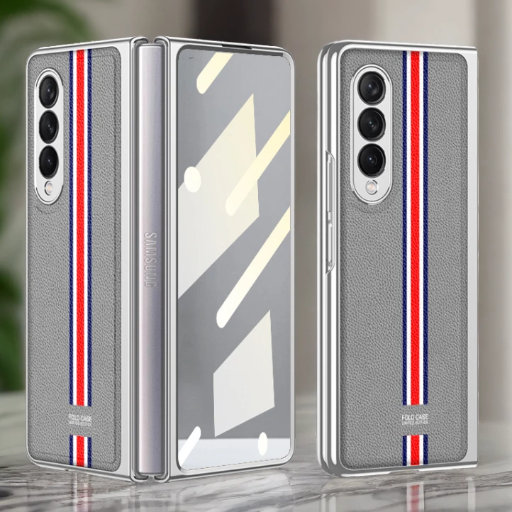 三星Fold4手机壳素皮电镀边薄款W23壳膜一体商务适用Fold3保护套5