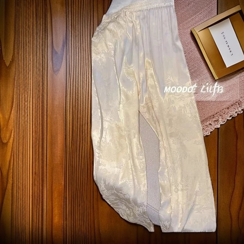 高奢醋酸缎面窄版阔腿裤女秋冬季高腰垂感中国风提花宽松直筒裤潮