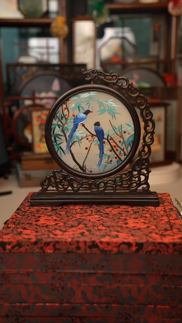 扇子龙头架 苏绣双面绣摆台