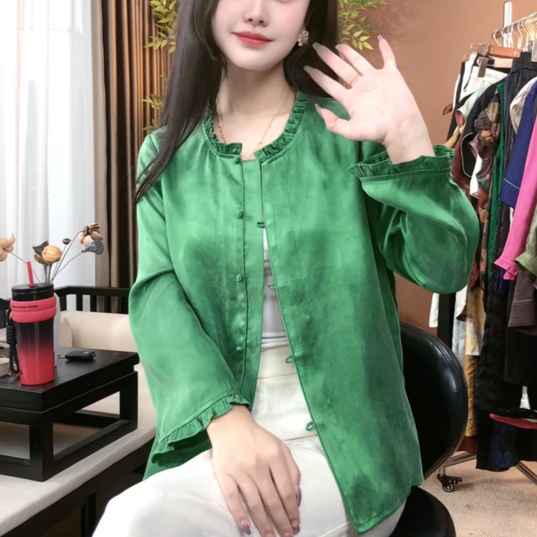 2025秋季新款100%桑蚕丝时尚上衣百搭新中式大王缎国风外套女S372