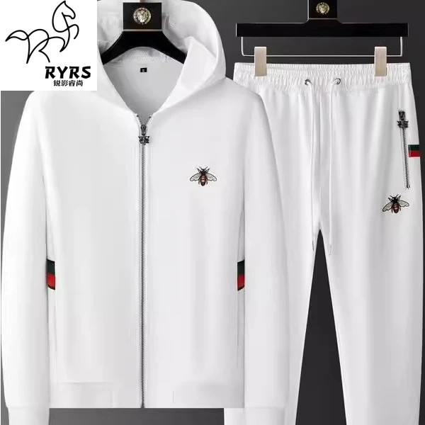 欧洲站高端轻奢男套装秋季小蜜蜂刺绣纯棉连帽卫衣休闲运动两件套