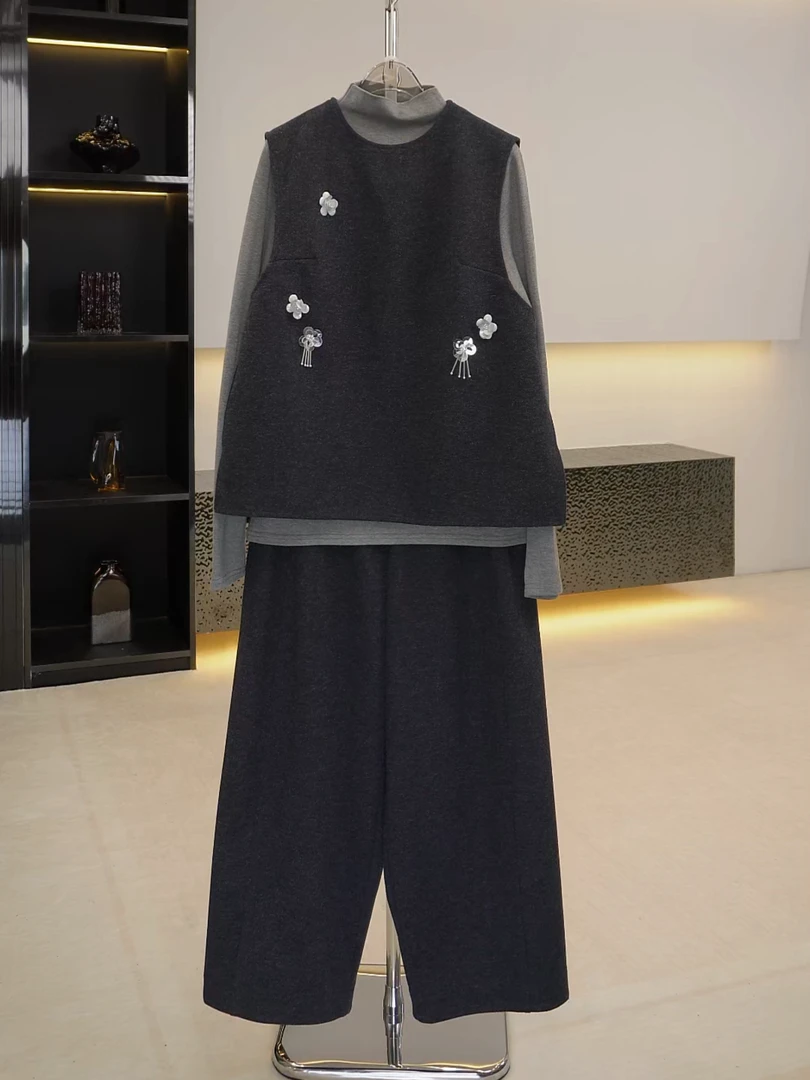 【银花素裹】原创时尚设计毛呢马甲裤子打底秋季三件套KC0004