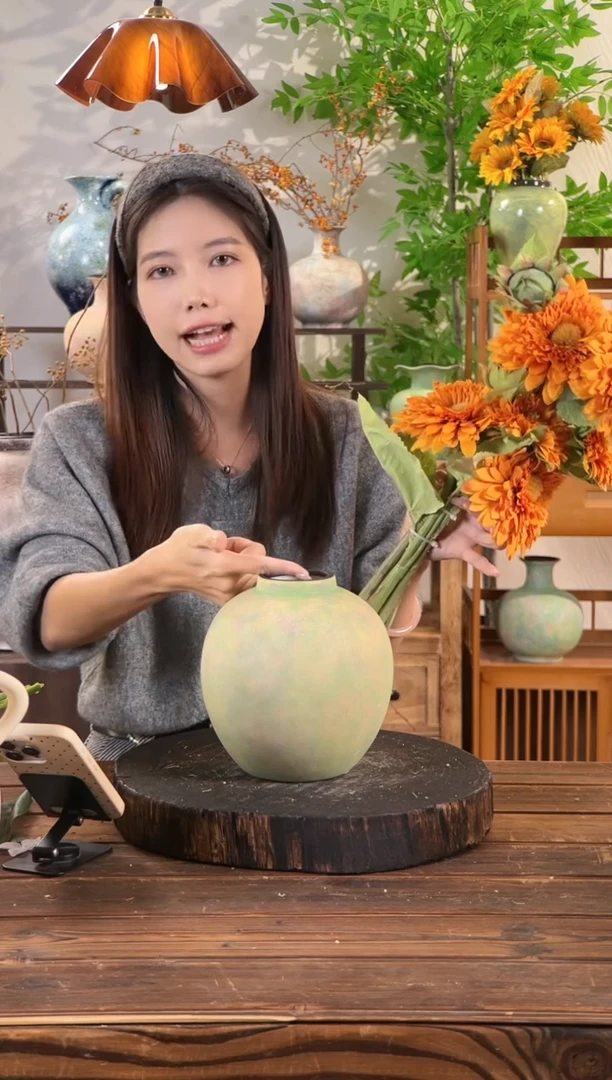 【苔点绿-小圆口】无孔水培桌面陶瓷花瓶干花鲜花