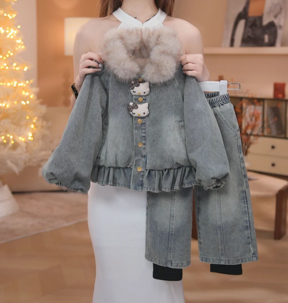 法式套头格子女秋冬休闲冬季牛仔套装女童外套加厚甜美DC40700