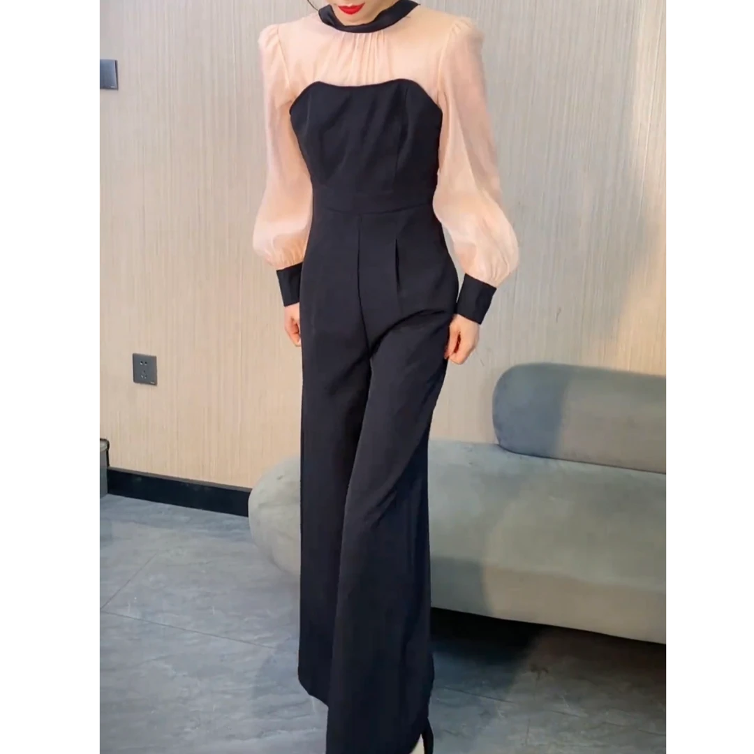 2025新款时尚连体裤显瘦气质高腰夏季修身名媛设计感阔腿黑色夏季