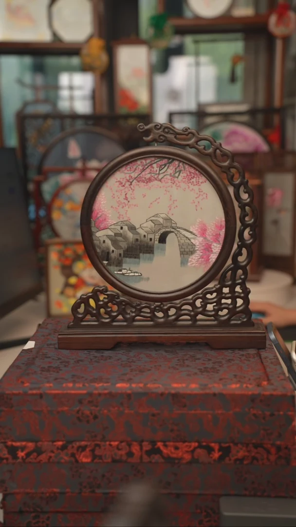 扇子龙头架 苏绣双面绣摆台