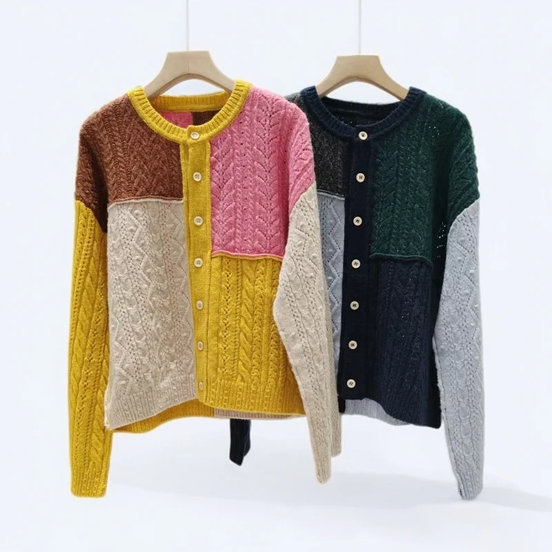 日系秋冬女士羊毛拼接圆领长袖羊毛针织衫（注意：植物染色会有异味