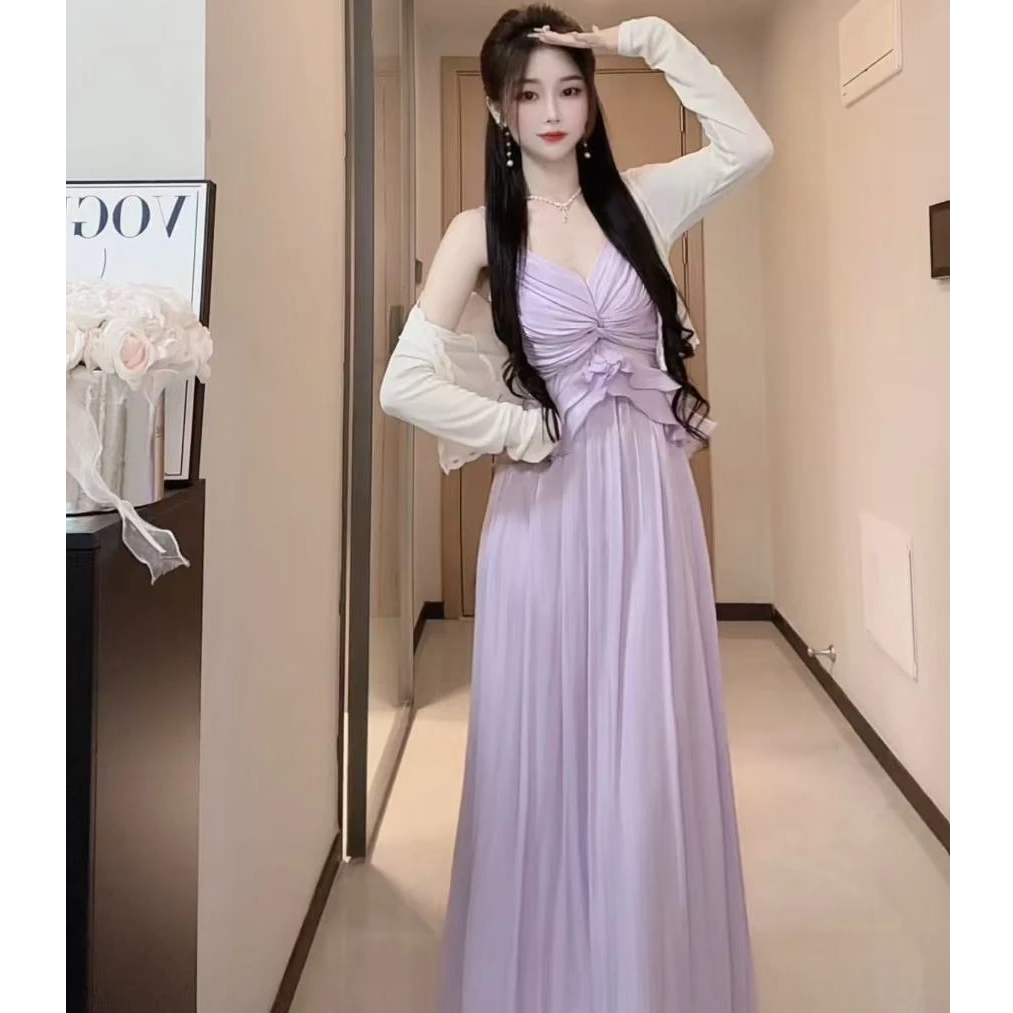 F法式绝美吊带裙收腰显瘦海边度假连衣裙防晒开衫两件套