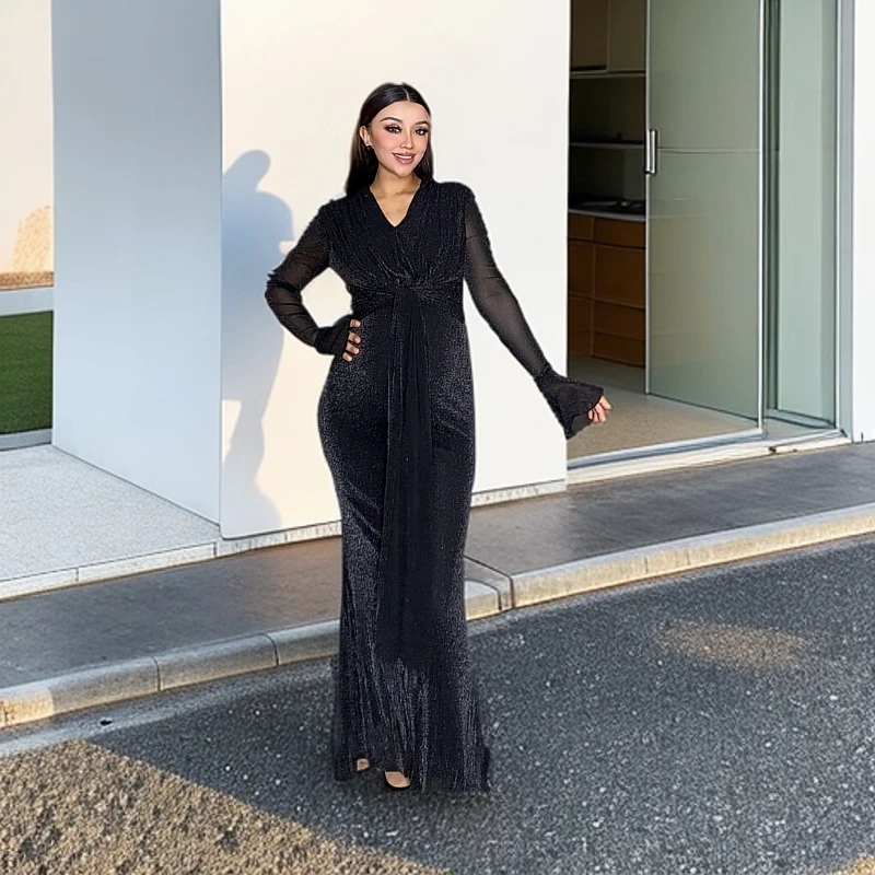 蕾丝连衣裙显瘦气质长袖时尚黑色闪闪长款收腰修身喇叭袖