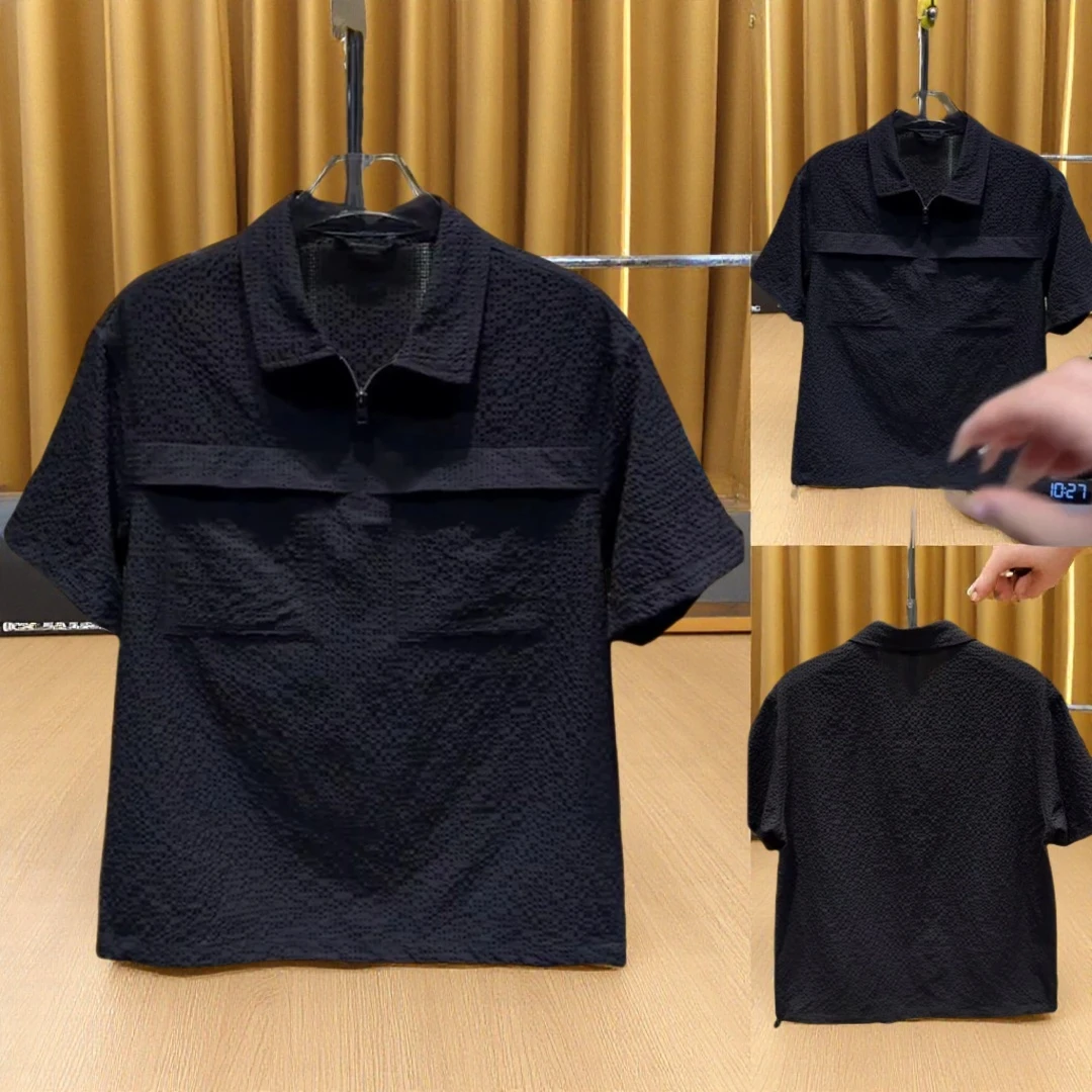 潮流格纹颗粒感轻奢帅气男士上衣男装透气半袖休闲夏季短袖翻领