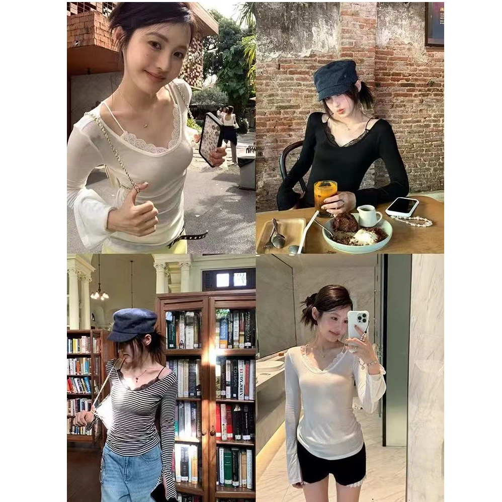 THEISSN宁司纯色V领蕾丝拼接假两件长袖T恤早秋韩系修身上衣0547