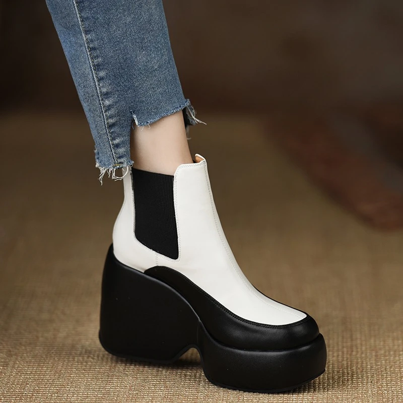 玥小姐松糕女鞋10厘米厚底坡跟防水台切尔西靴小个子高跟真皮短靴