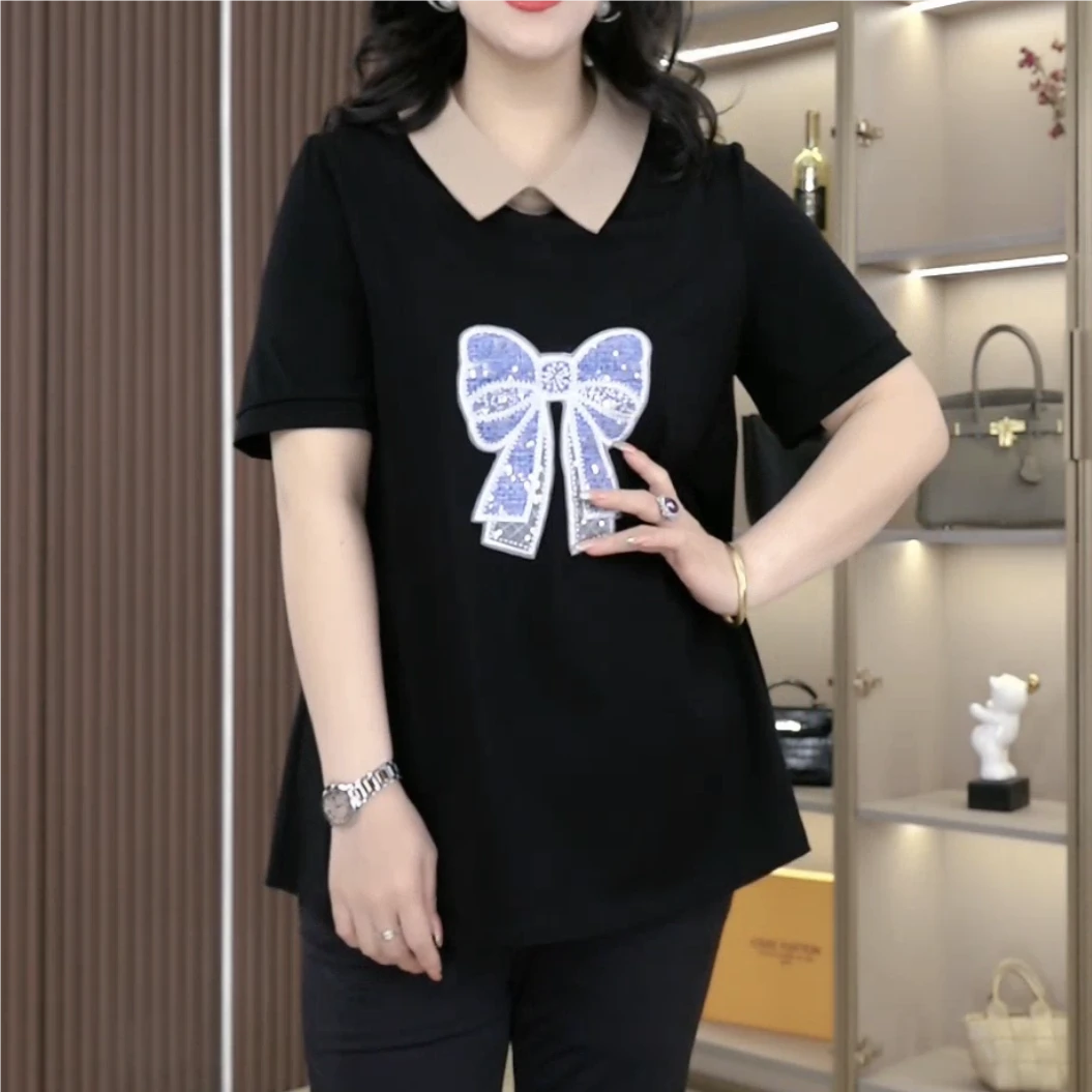 丹思慕夏季大码女装时尚气质假两件蝴蝶结显瘦洋气翻领上衣251036