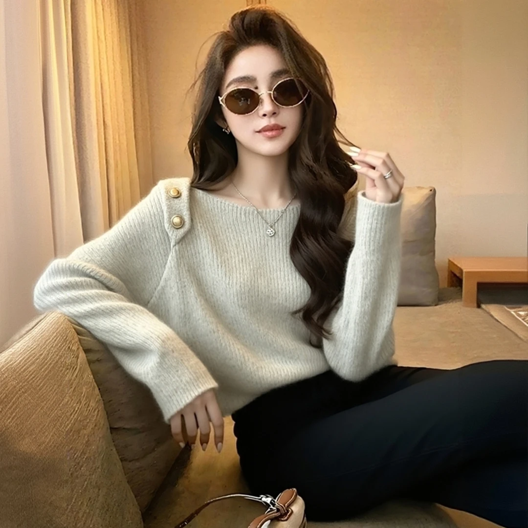 高级感绝美浅灰色长袖毛衣针织衫女秋冬新款休闲洋气百搭套头小衫