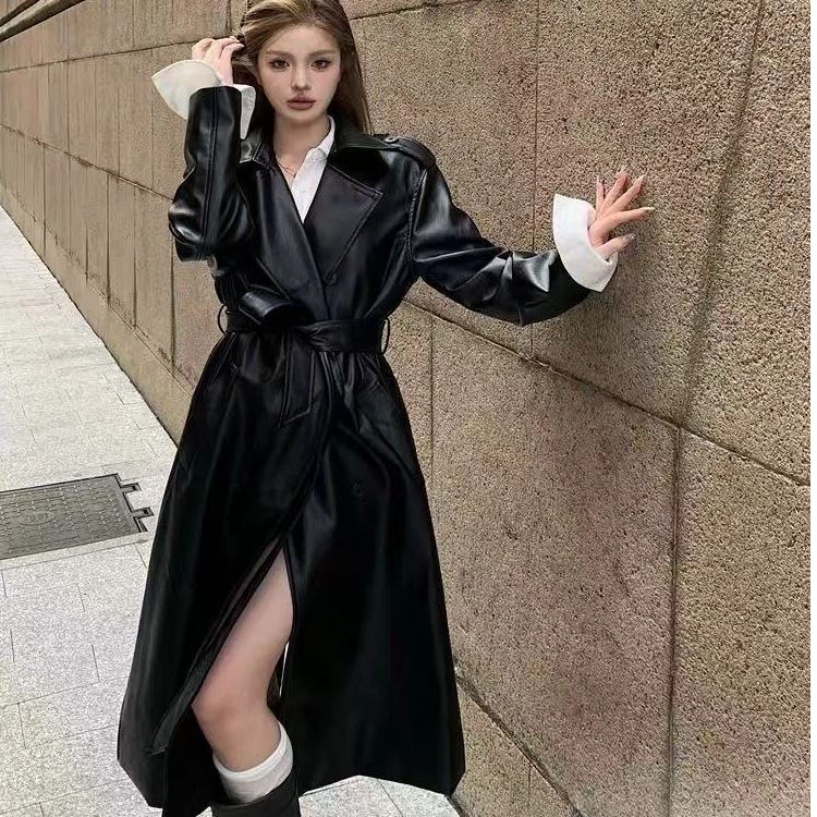 【港风复古】高级感长款过膝皮衣