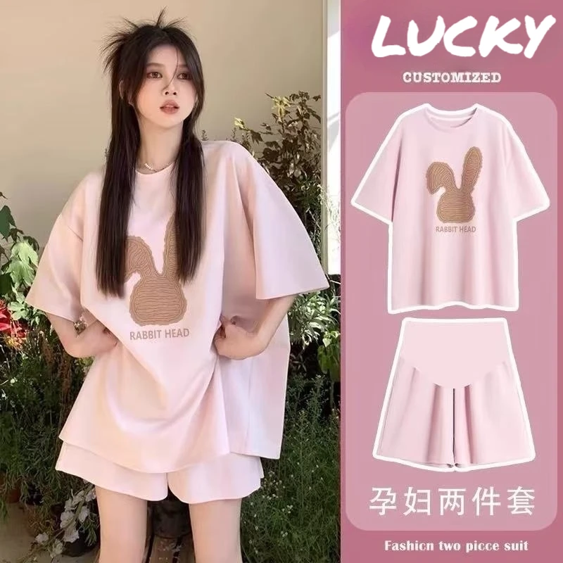 孕妇新款休闲运动套装女夏季薄款宽松百搭短袖短裤两件套潮外穿