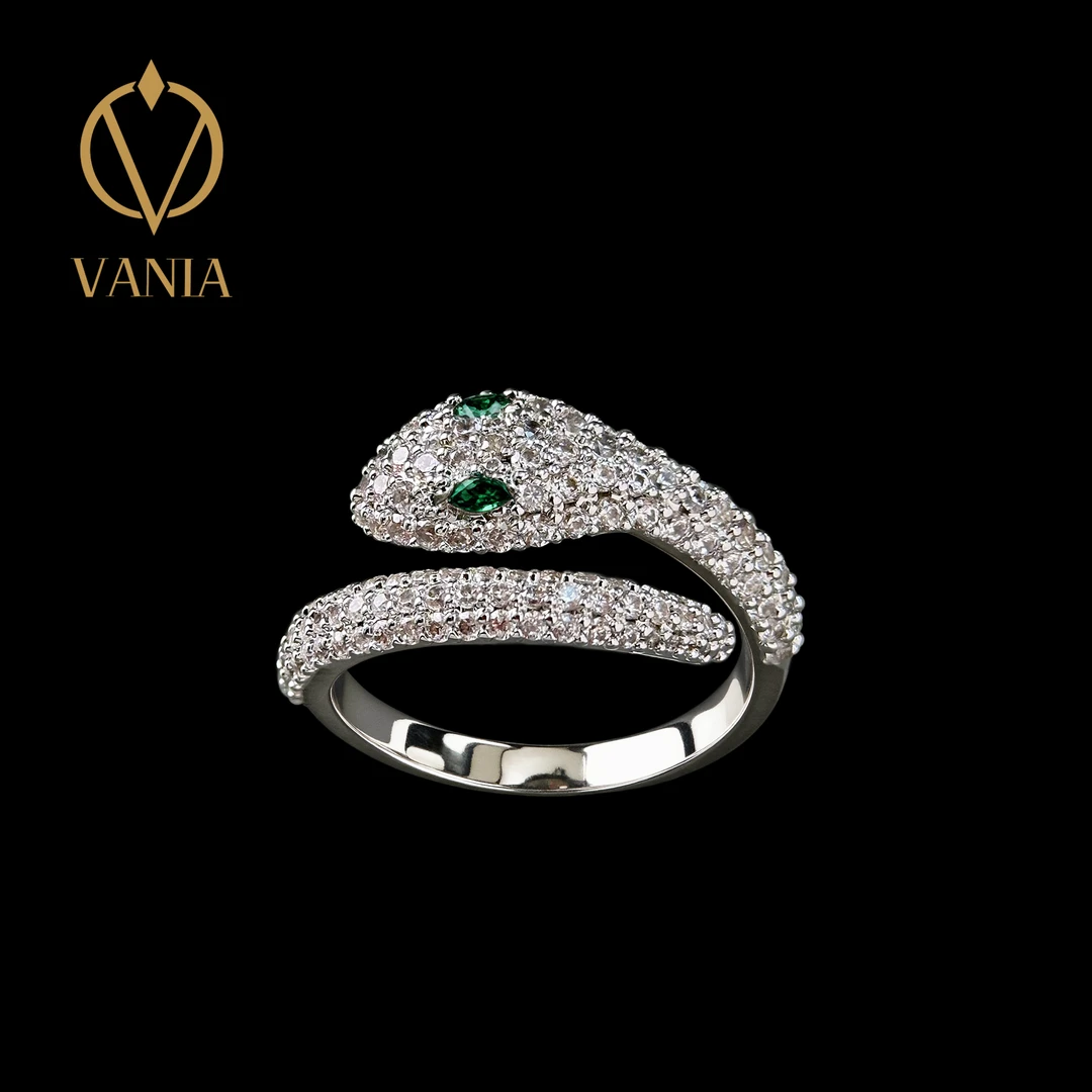 合金锆石戒指 VANIA/樊尼娅轻奢气质镶钻开口蛇形指环戒指银色
