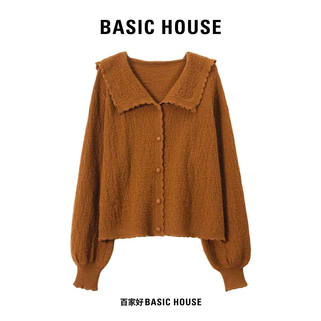 Basic House/百家好2025新款设计感法式海军领厚款针织衫S322 MM