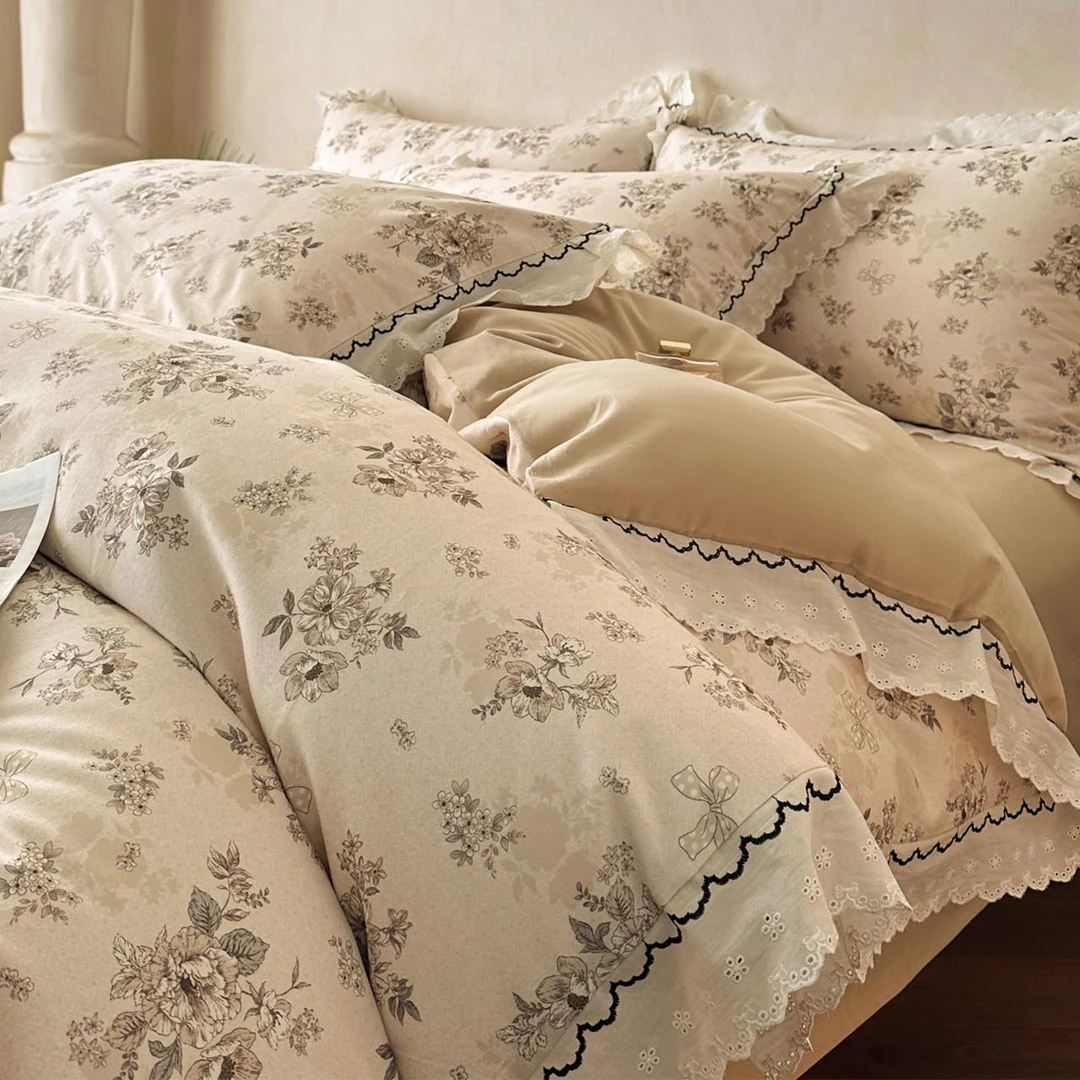 路约威格新款全棉磨毛床上四件套法式花边100%纯棉被套复古风加厚