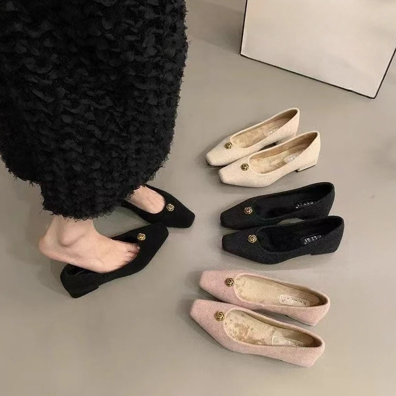 平底单鞋女2025新款法式方头浅口黑色瓢鞋丝绒面芭蕾舞晚晚奶奶鞋