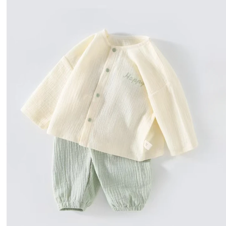 婴儿夏季薄款纱布家居服33109儿童衣服吸湿排汗对开分体套装