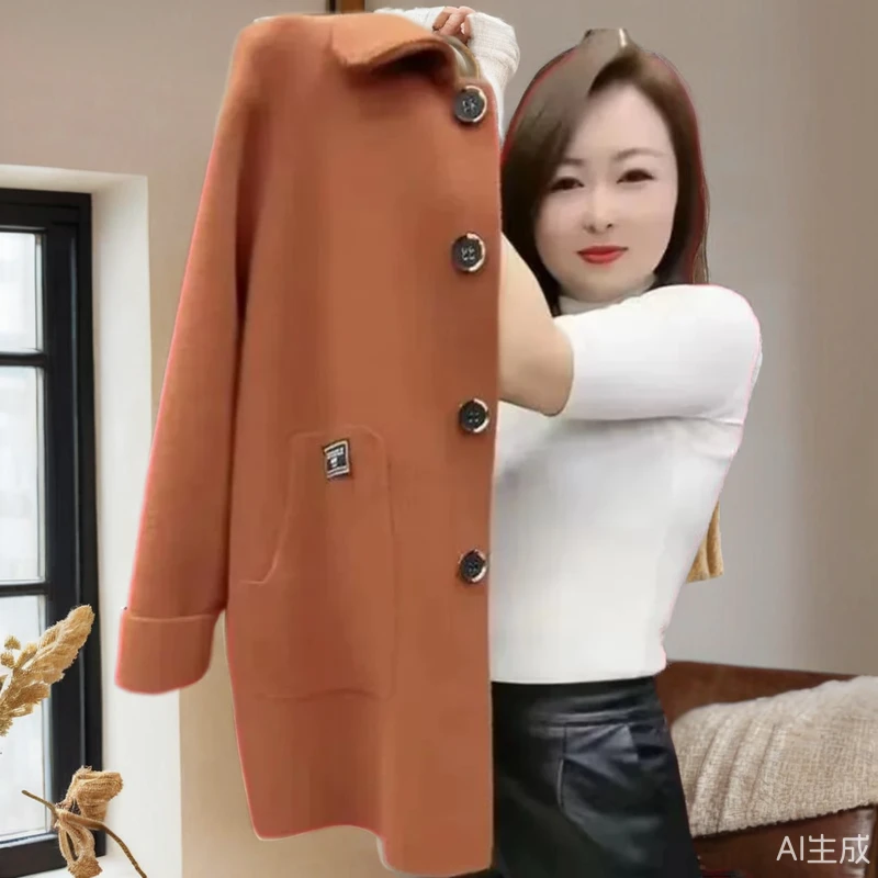妈妈装双面呢中长款外套女春秋冬季宽松加厚毛呢外套高档针织大衣