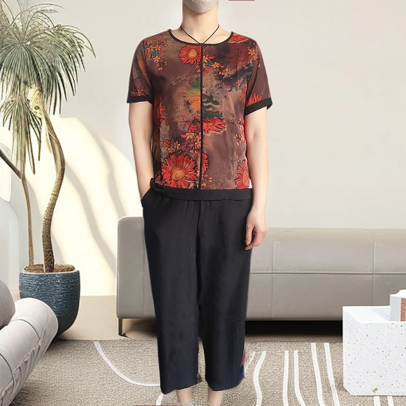 8468-夏季新款短袖宽松妈妈装套装中老年婆婆夏装两件套19-3-1