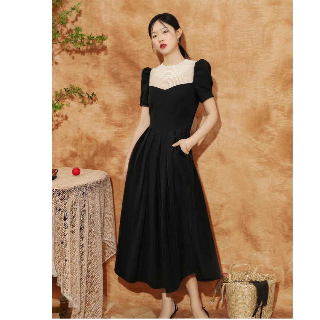 夏季轻奢复古气质蕾丝套头黑色显瘦收腰方领钉珠连衣裙裙子长款