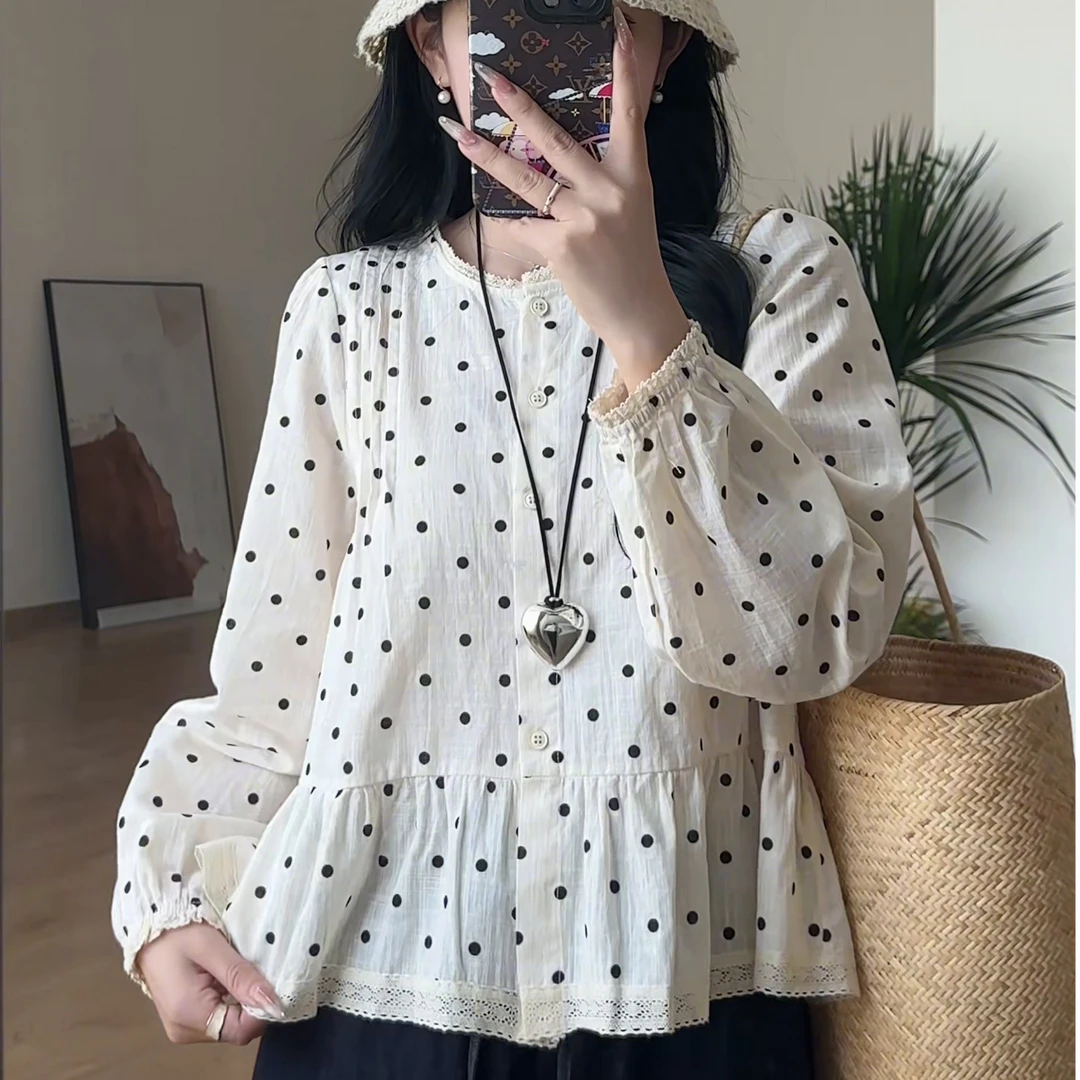 韩系设计感波点衬衫女2025秋季新款宽松百搭圆领长袖洋气衬衣上衣