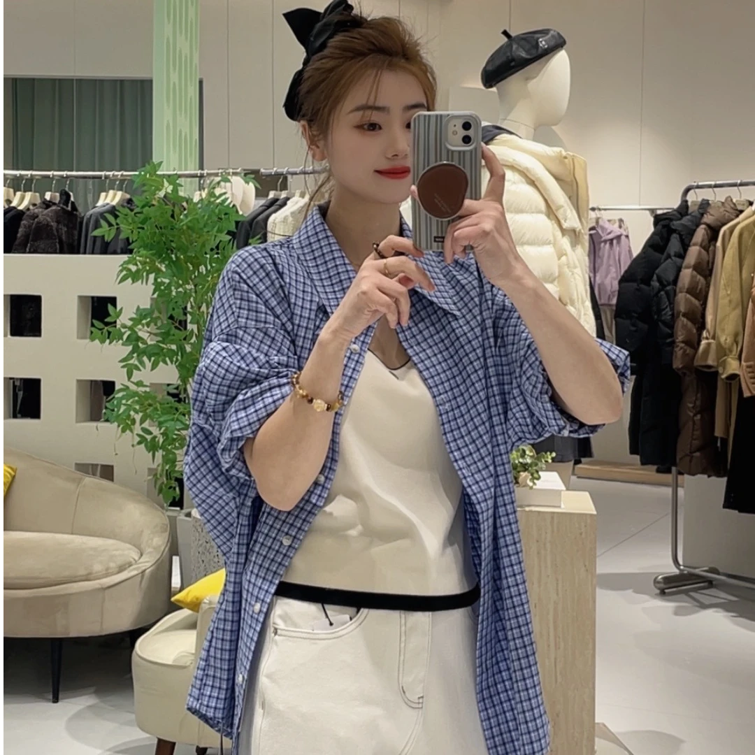 艾然  经典蓝格子衬衫女春季2025新款宽松袖衬衣外套设计感上衣
