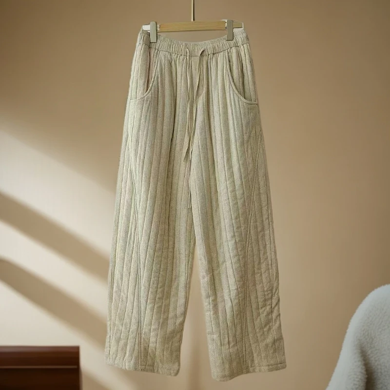 100 加长夹棉棉裤女长裤松紧腰抽绳直筒长裤