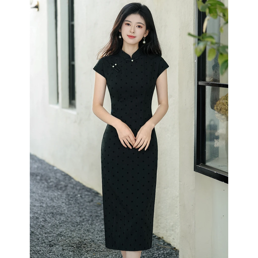 复古气质显瘦短袖新中式黑色旗袍2025夏季新款日常可穿修身连衣裙
