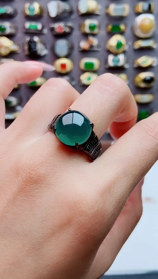 银S925镶嵌戒指翡翠天然翡翠男戒