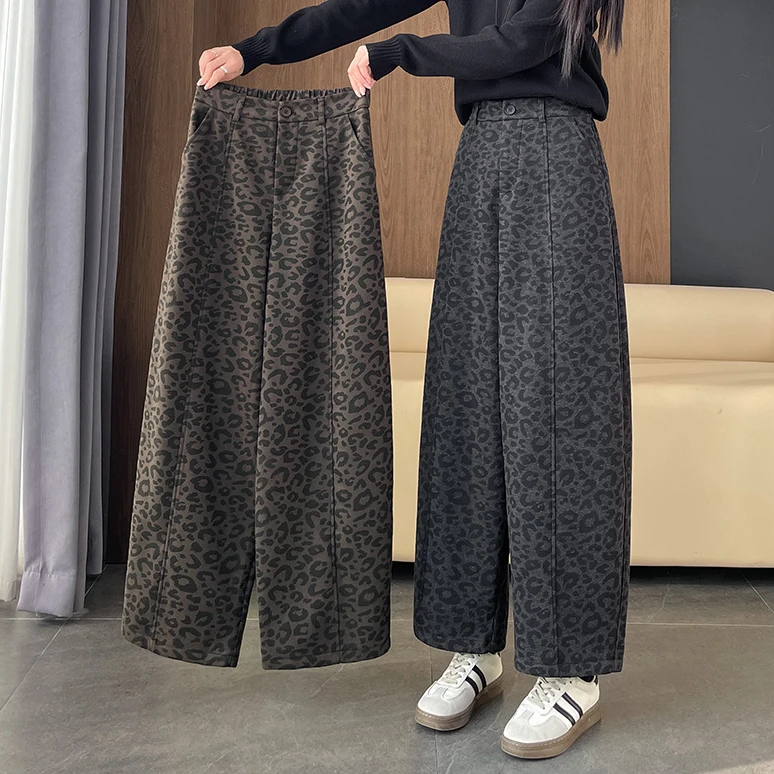 秋冬加绒加厚豹纹显瘦弯刀裤女小个子九分金钱豹舒适镰刀裤休闲裤