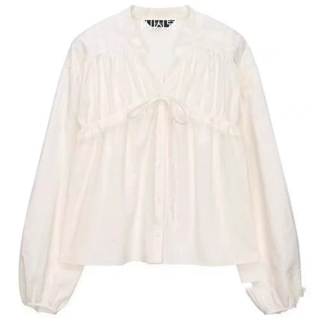 闪闪专属 25年早春新款韩单时尚法式V领长袖百搭衬衫