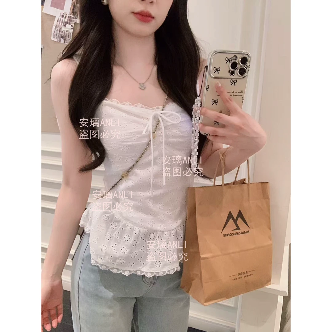 安安 纯甜美小众精致镂空蕾丝花边吊带背心