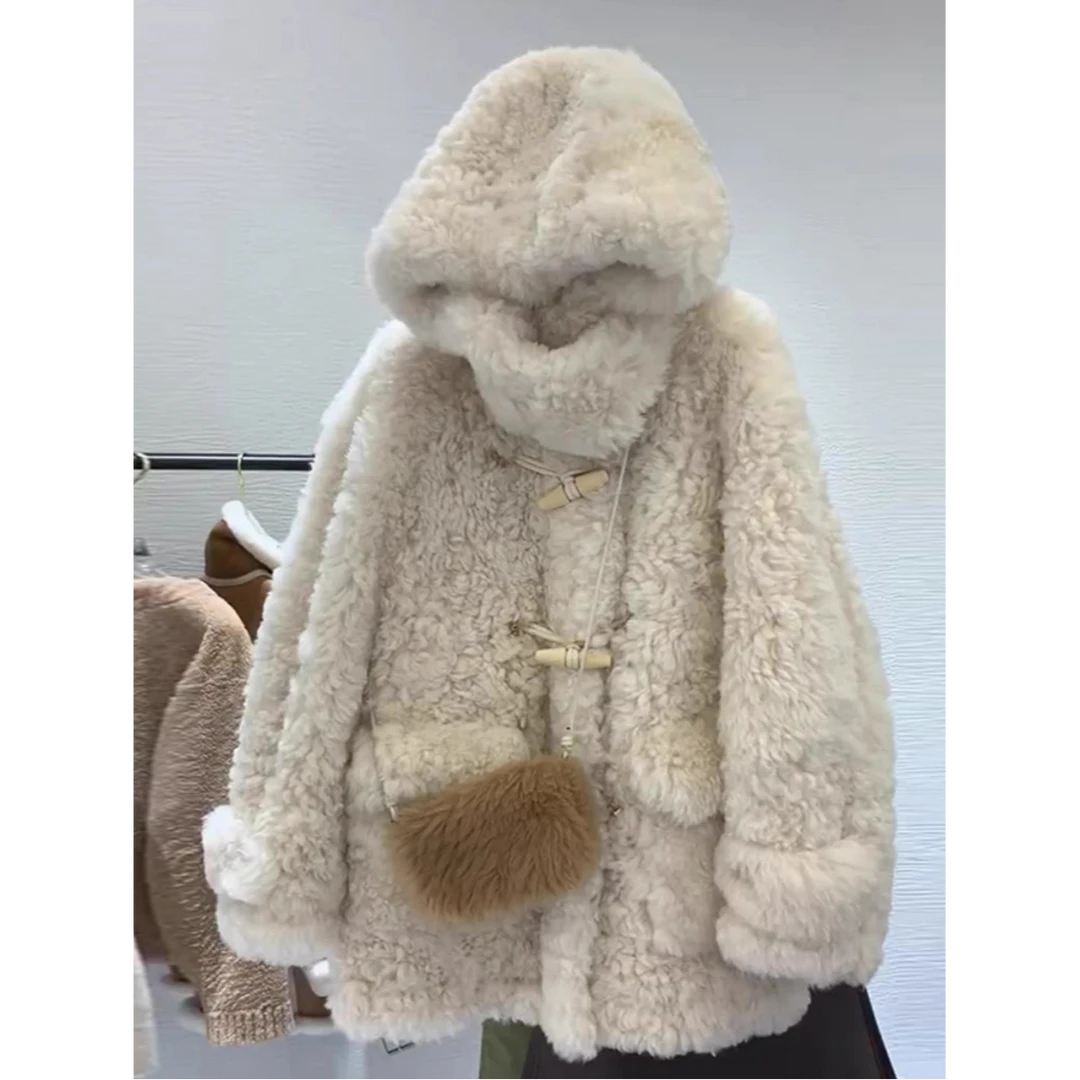 韩版网红杏色连帽毛绒外套冬季软糯减龄休闲慵懒风加厚小香风上衣