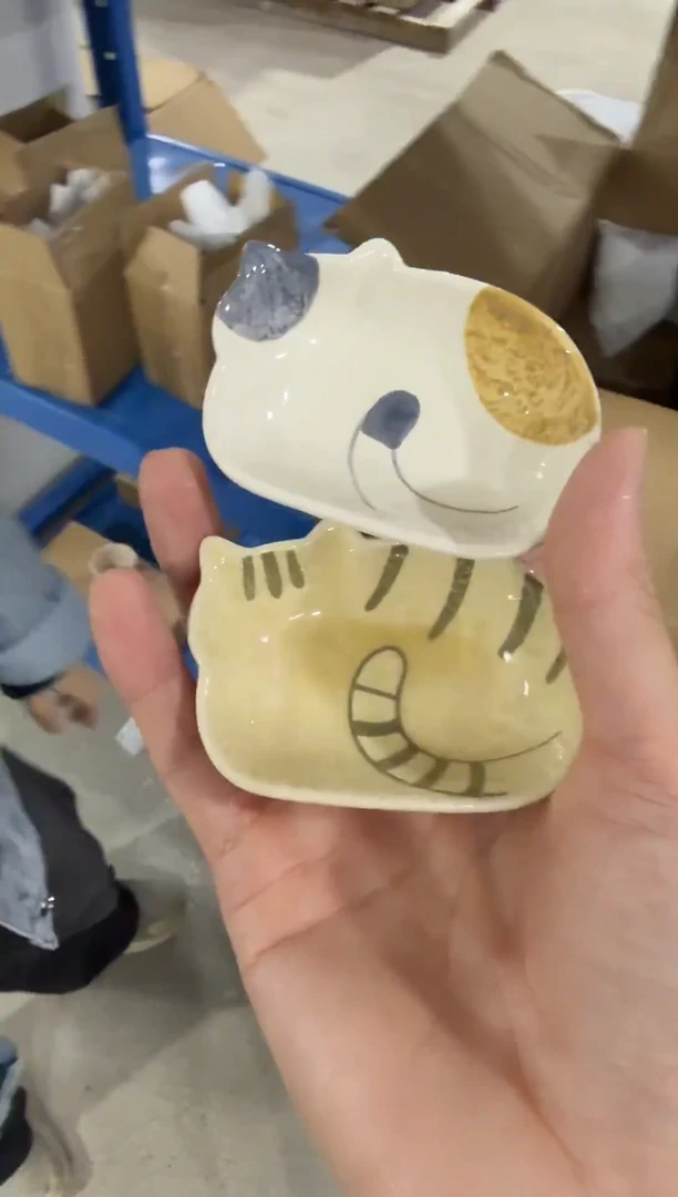 瓷片3寸三花和橘猫浅碟
