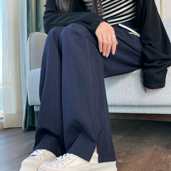牛仔阔腿裤女高腰薄款胖mm大码天丝垂感休闲宽松窄版开叉直筒女裤