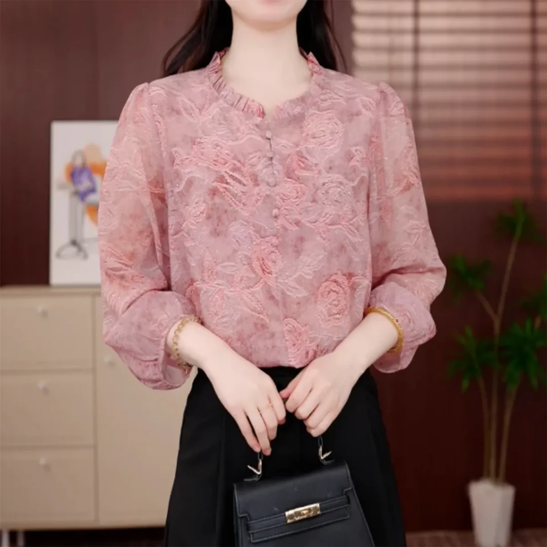 印花新款杭州衬衫荷叶边七分袖夏季中年宽松洋气显瘦上衣中老年
