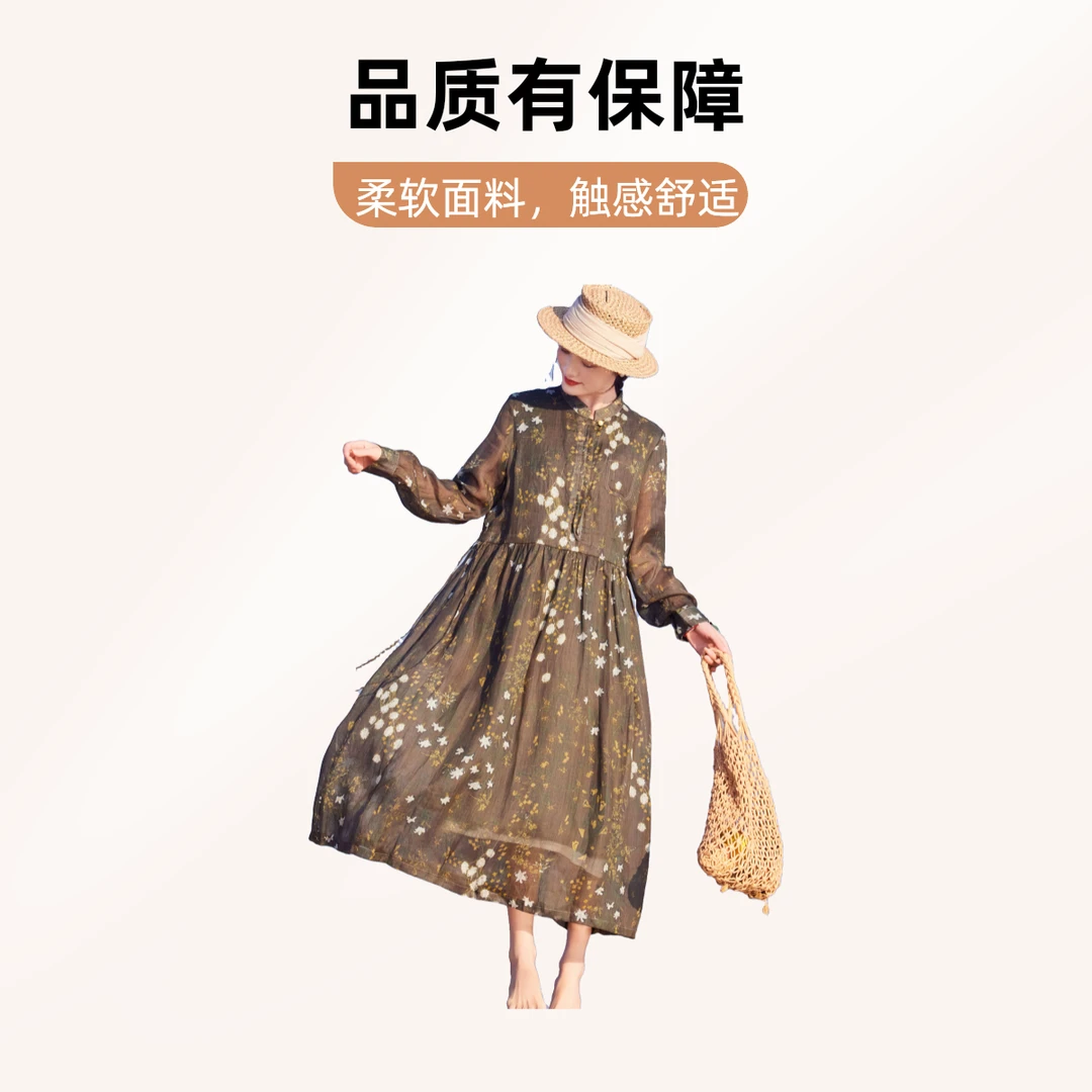 2025春夏新款印花棉质连衣裙女新款轻薄文艺碎花长裙气质长袖复古