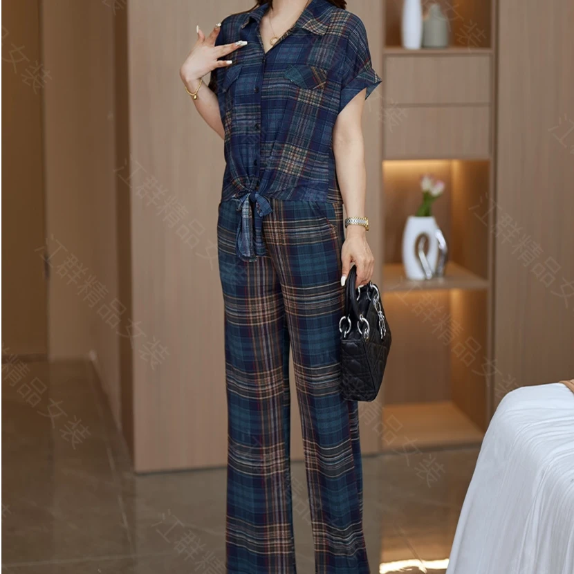 时尚阔腿裤套装套装女2025夏季新款时髦洋气格子显瘦衬衫两件套