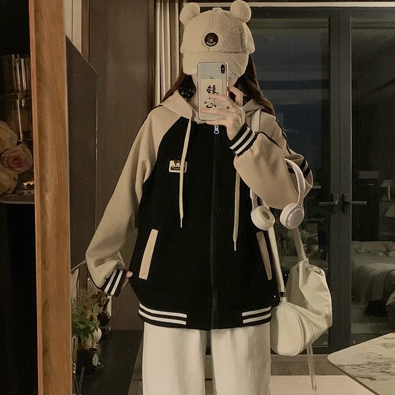 双面穿外套少女春秋装2025新款初中高中学生休闲宽松格纹连帽夹克