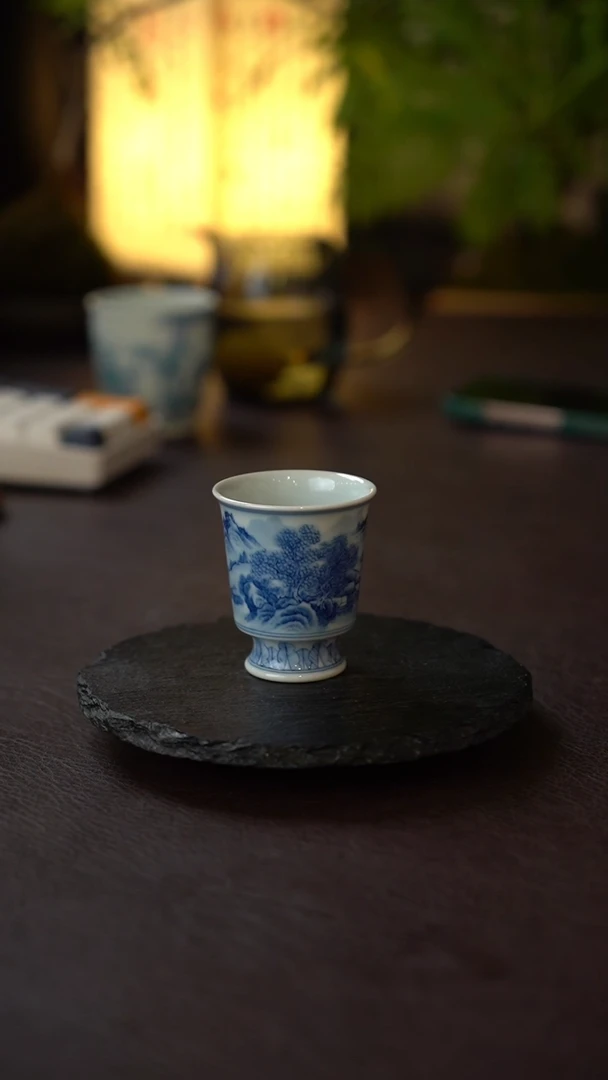 景德镇全手工手绘青花山水芭蕉马蹄杯