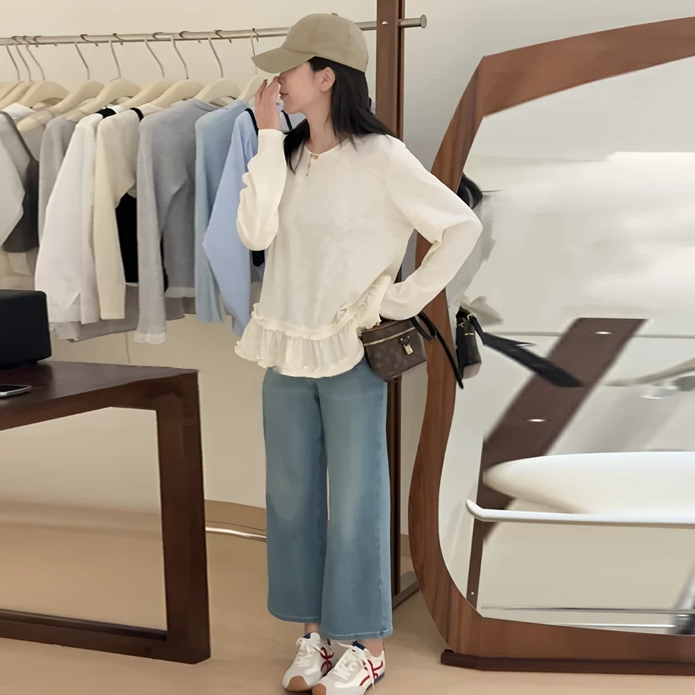 春季新款宽松慵懒芭蕾风木耳边长袖女上衣显瘦内搭打底衫