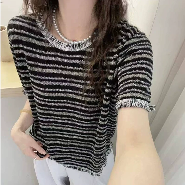 流苏毛边圆领条纹针织衫T恤女夏季夏装新款宽松洋气短袖上衣女