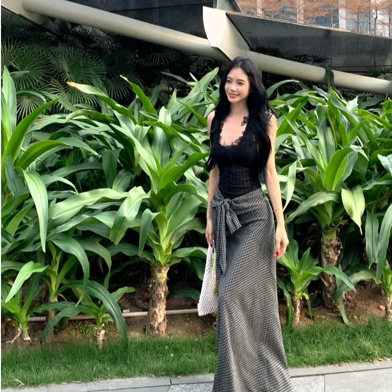 性感辣妹纯欲蕾丝吊带背心女格子绑带高腰半身裙长裙时尚套装